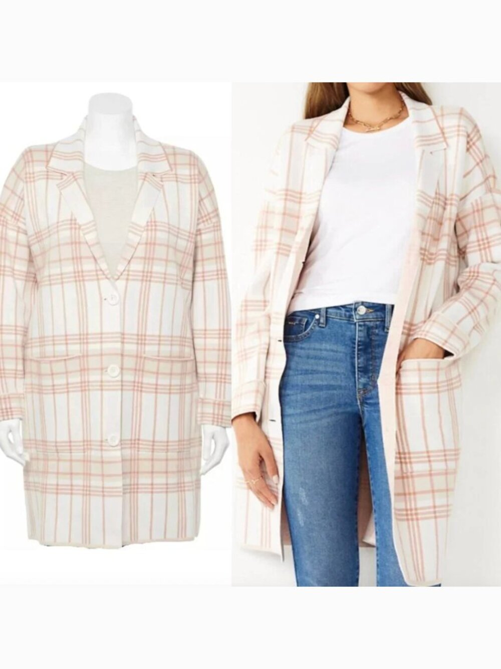 NINE WEST Plaid Sweater Coatigan White ish Cream Beige Tan Long Sweater Blazer L
